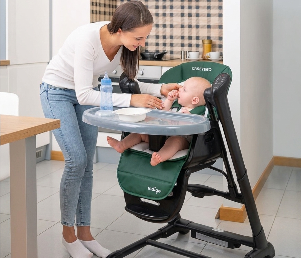 Caretero Indigo black green high chair and electric swing at home